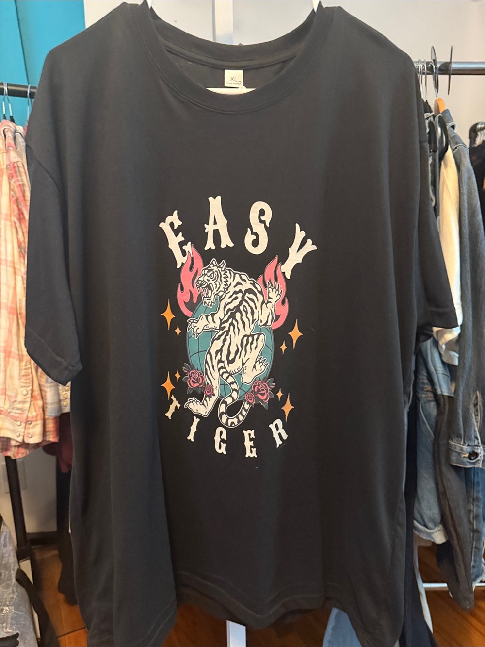 Black Easy Tiger Graphic Tee with Teal and Pink Accents